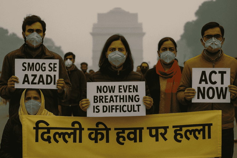 दिल्ली की हवा पर हल्ला बोल: प्रदूषण के खिलाफ सड़कों पर उतरे नागरिक, बोले—“अब सांस भी मुश्किल है”