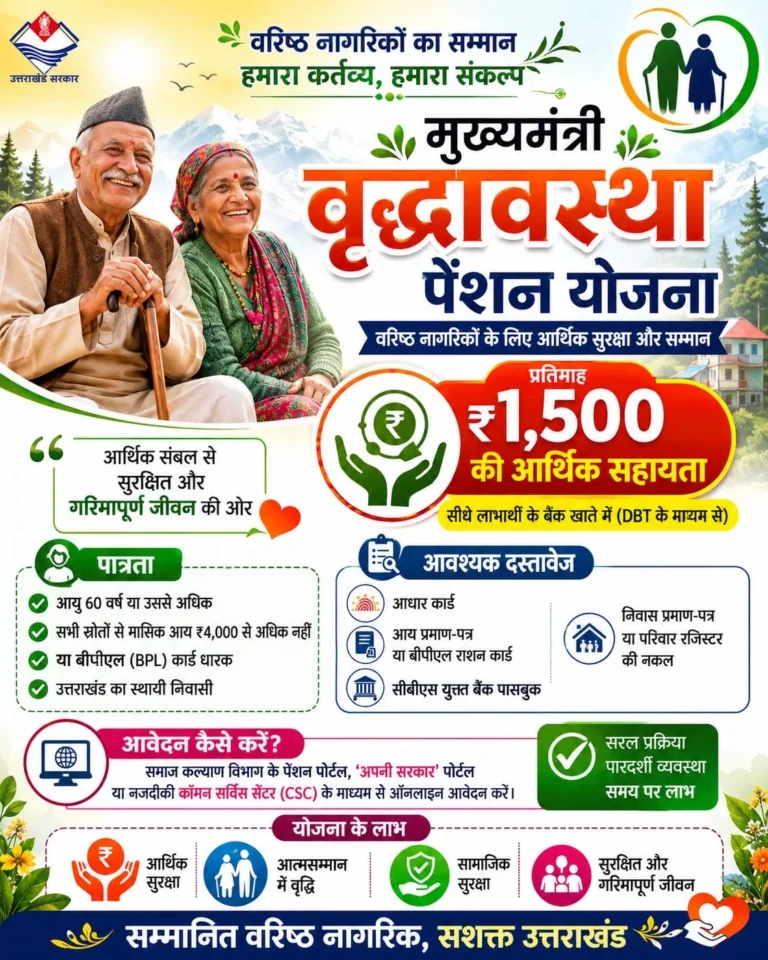 मुख्यमंत्री वृद्धावस्था पेंशन योजना: उत्तराखंड सरकार वरिष्ठ नागरिकों को दे रही ₹1,500 प्रतिमाह की आर्थिक सहायता
