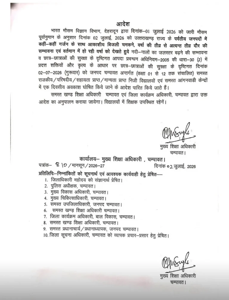 चम्पावत में भारी बारिश की चेतावनी के चलते 2 जुलाई को स्कूल और आंगनबाड़ी केंद्र बंद